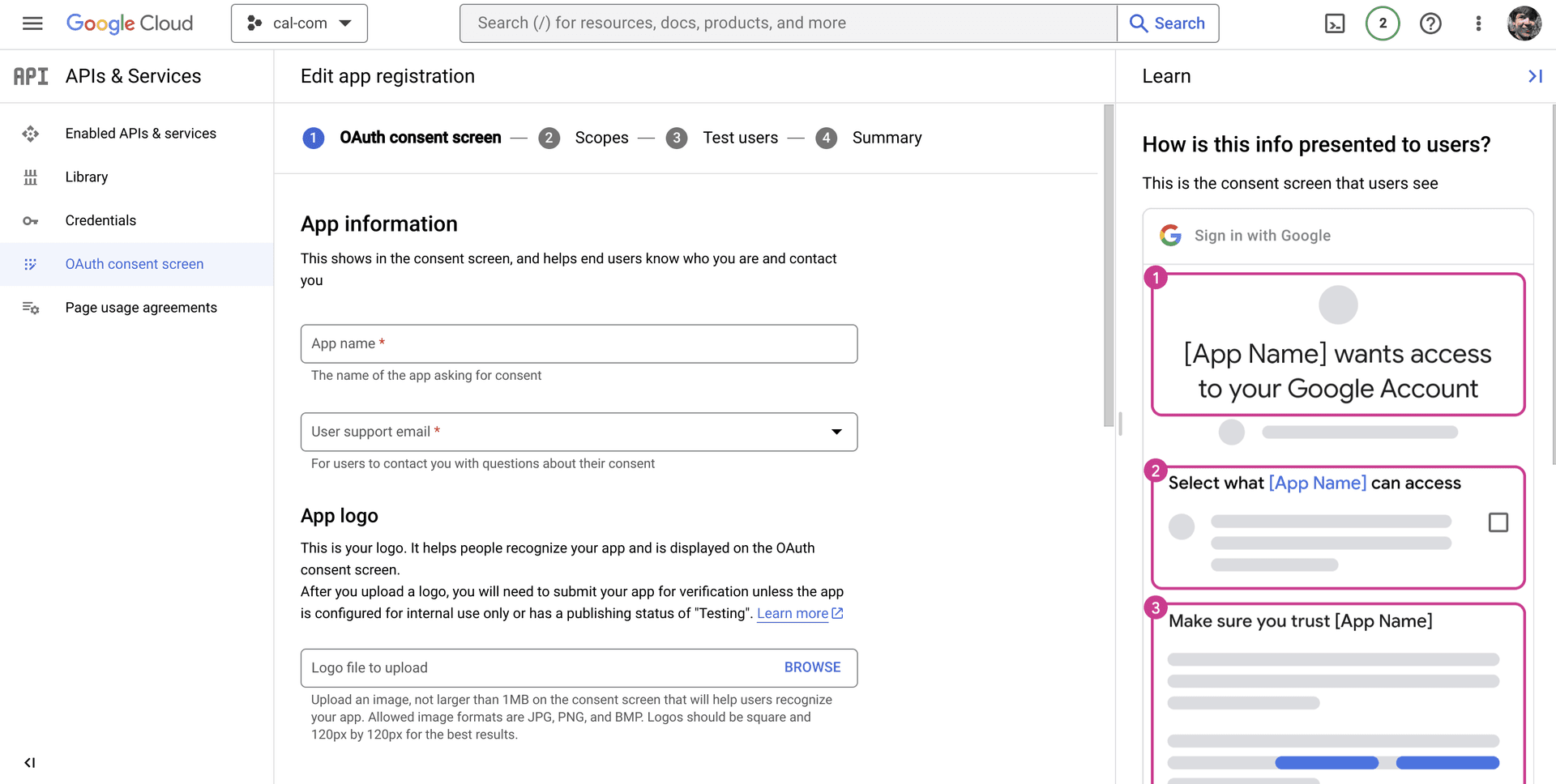 Google oauth app registration