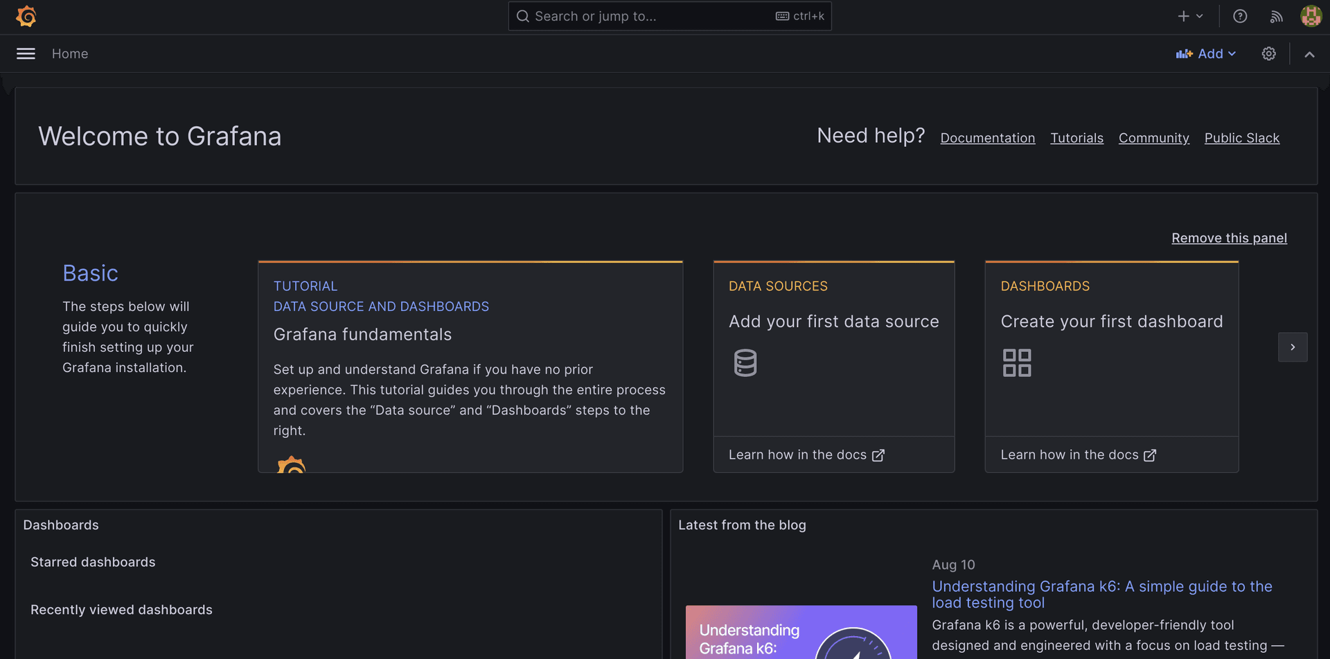 Grafana landing page