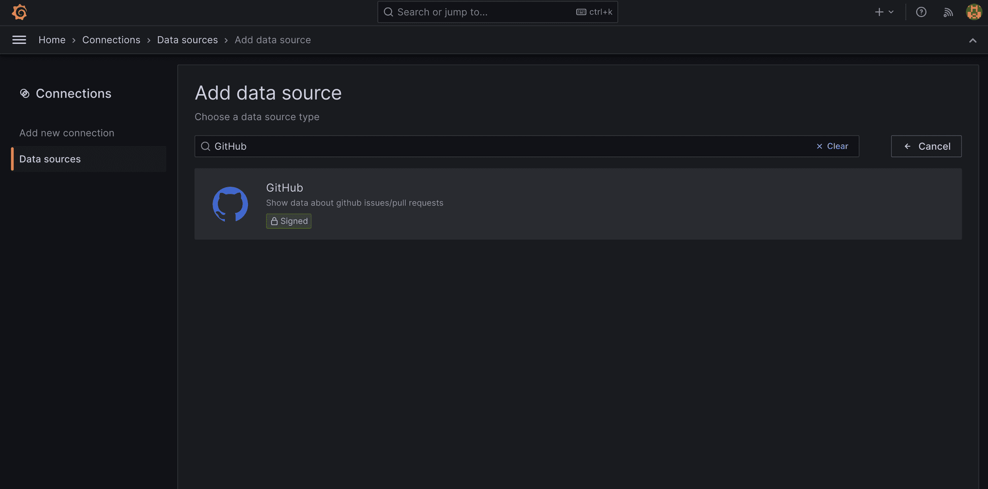 Grafana select GitHub source